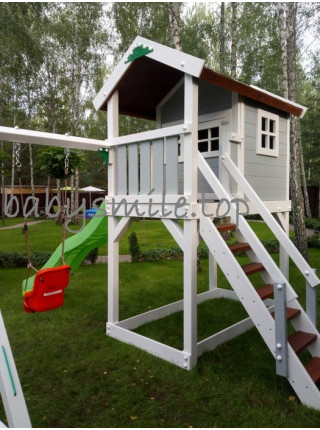 Будиночок дерев'яний з гойдалкою, гіркою і сіткою Будиночок дерев'яний з гойдалкою, гіркою і сіткою